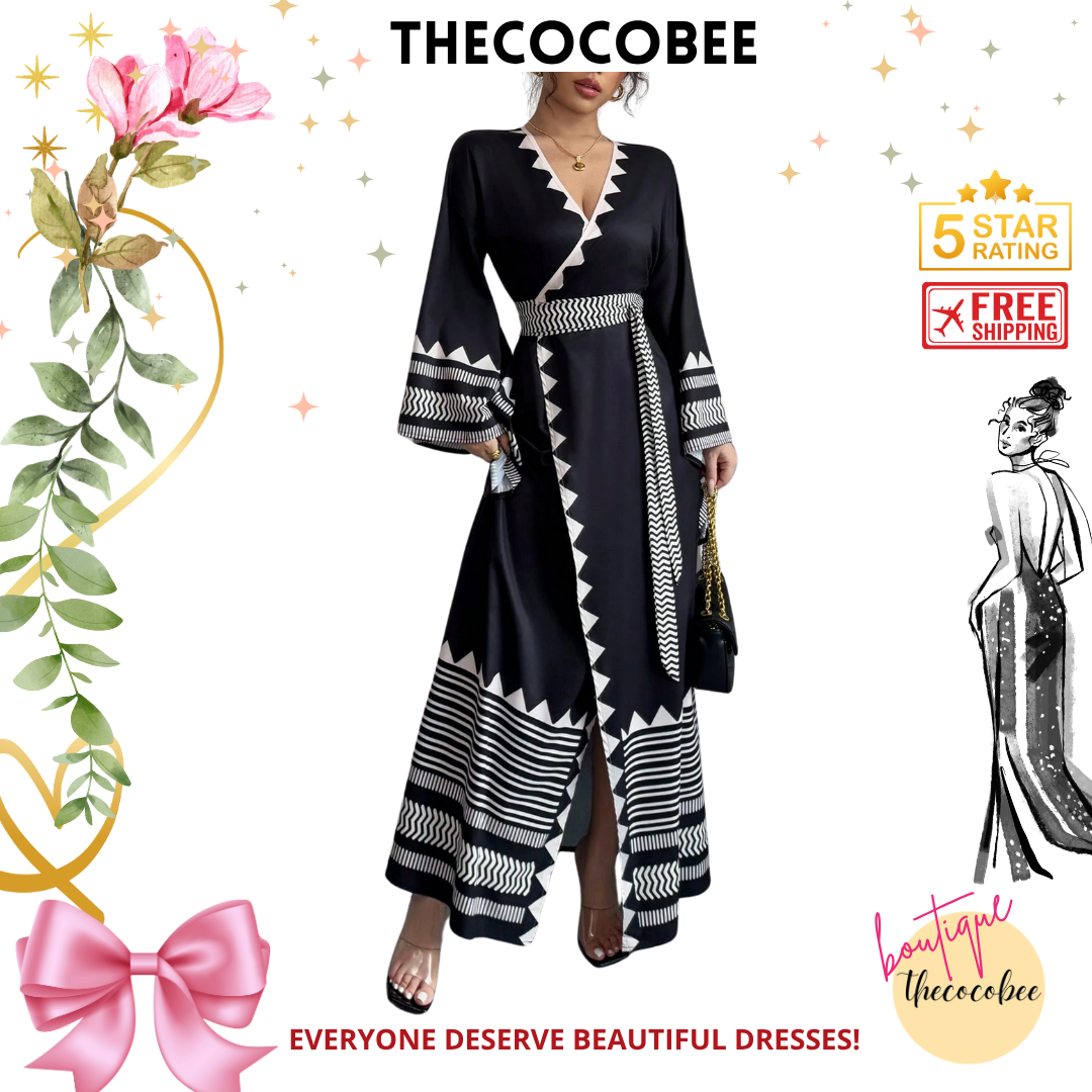 #150 Black Elegant Placement Floral Criss-Cross Tie Exaggerated Flare Sleeve Dress