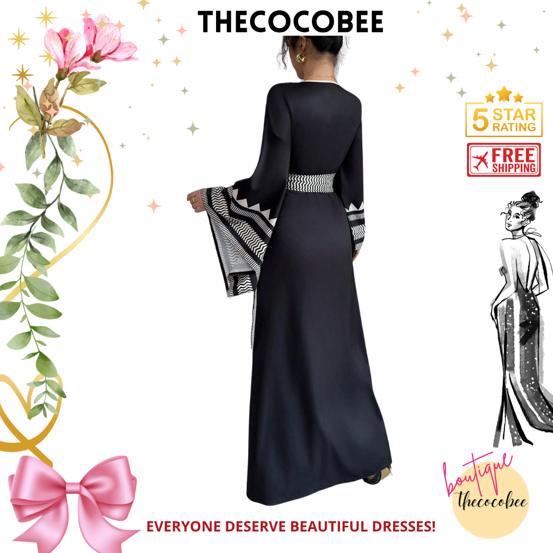 #150 Black Elegant Placement Floral Criss-Cross Tie Exaggerated Flare Sleeve Dress