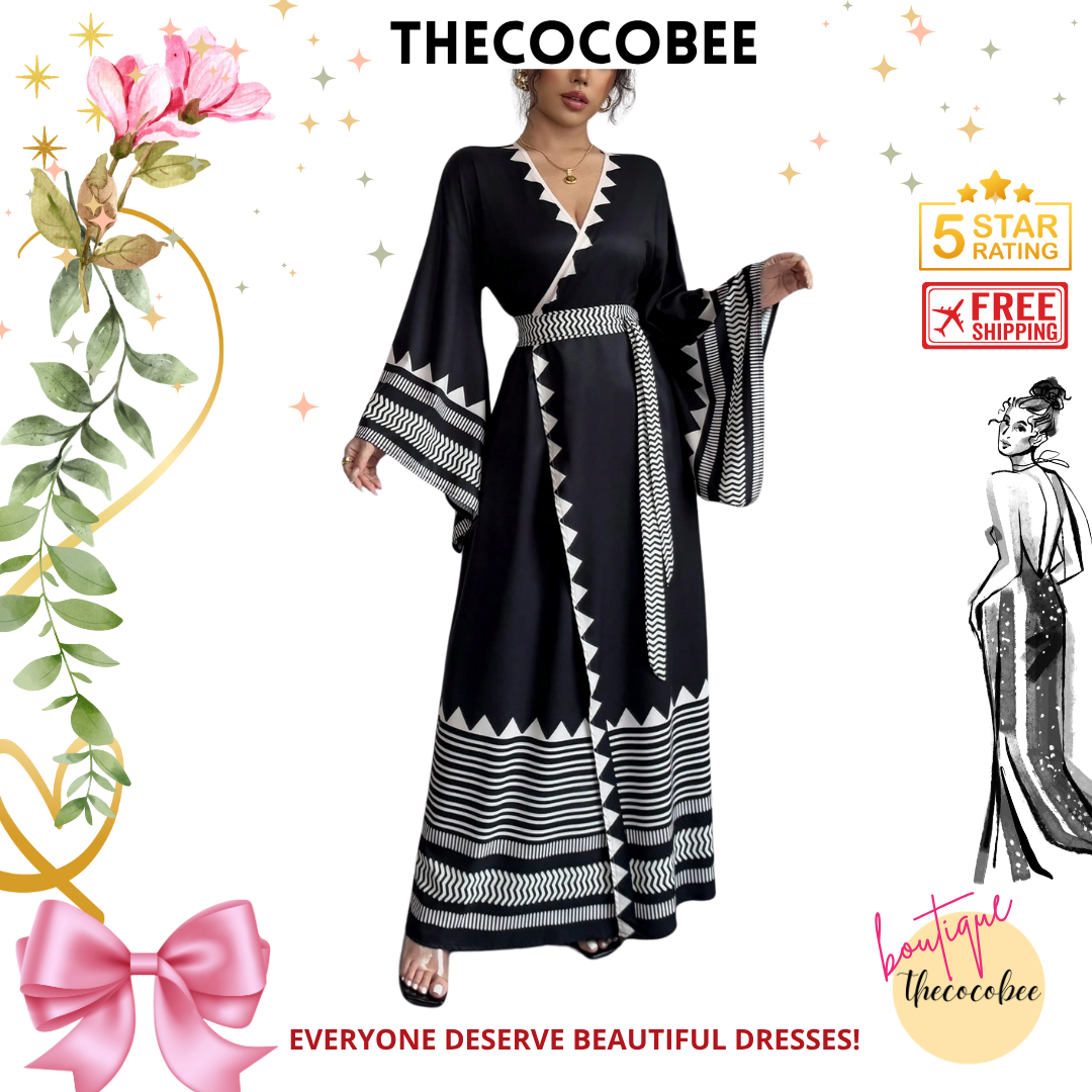 #150 Black Elegant Placement Floral Criss-Cross Tie Exaggerated Flare Sleeve Dress