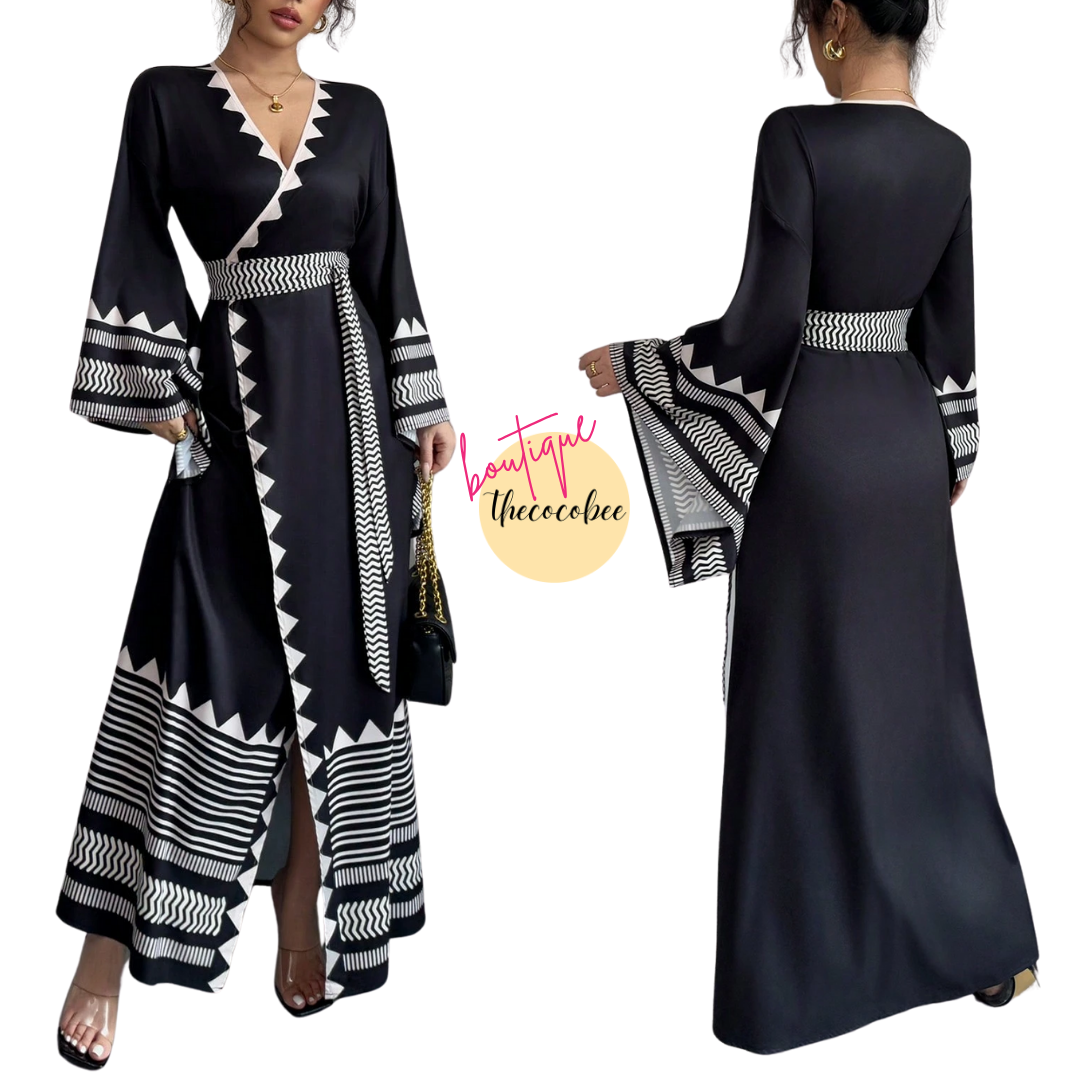 #150 Black Elegant Placement Floral Criss-Cross Tie Exaggerated Flare Sleeve Dress