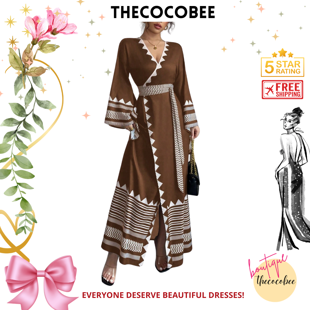 #150 Coffee Brown Elegant Floral Print Crossed Strap Flared Extra Long Sleeve Dress