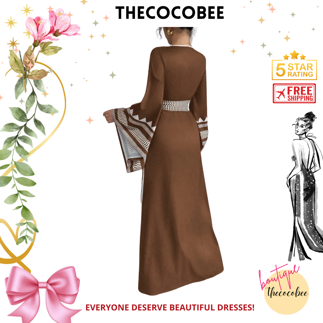 #150 Coffee Brown Elegant Floral Print Crossed Strap Flared Extra Long Sleeve Dress