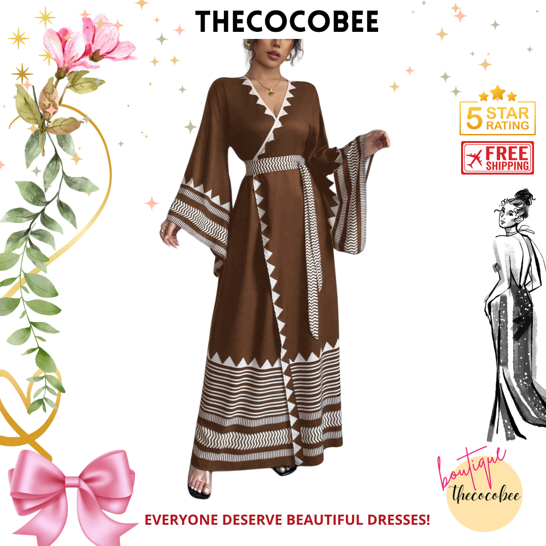 #150 Coffee Brown Elegant Floral Print Crossed Strap Flared Extra Long Sleeve Dress