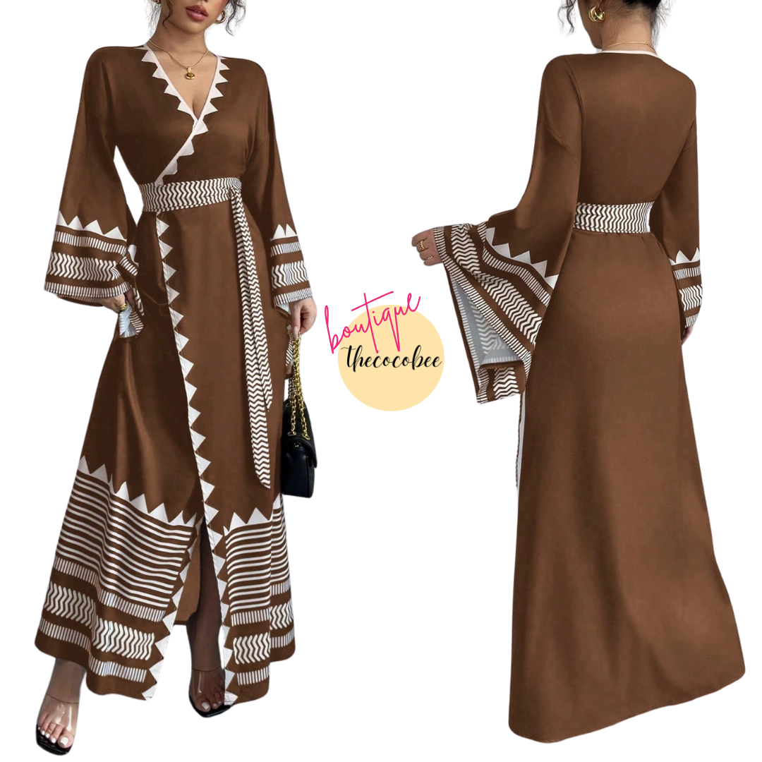 #150 Coffee Brown Elegant Floral Print Crossed Strap Flared Extra Long Sleeve Dress