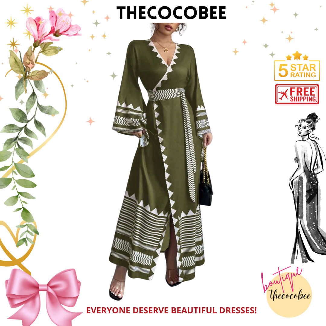 #150 Green Women Elegant Floral Criss-Cross Flared Long Sleeve Dress