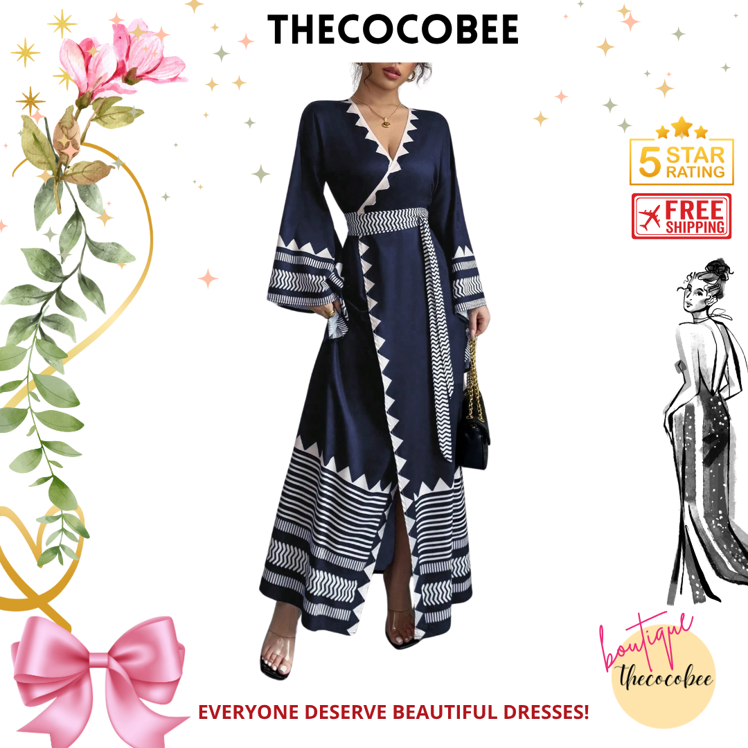 #150 Navy Blue Elegant Jacquard Floral Pattern Cross-Tied Cuff Extra Long Bell Sleeve Dress