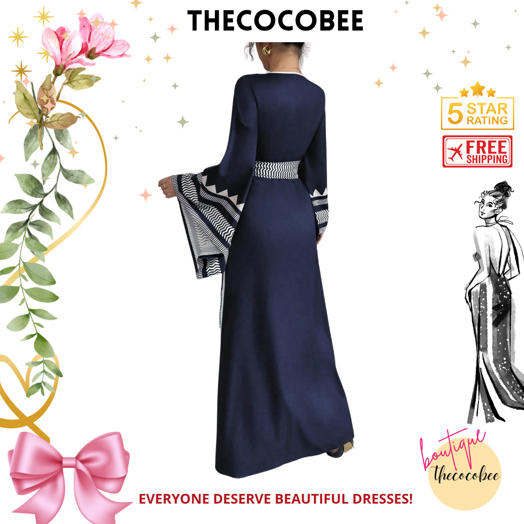 #150 Navy Blue Elegant Jacquard Floral Pattern Cross-Tied Cuff Extra Long Bell Sleeve Dress
