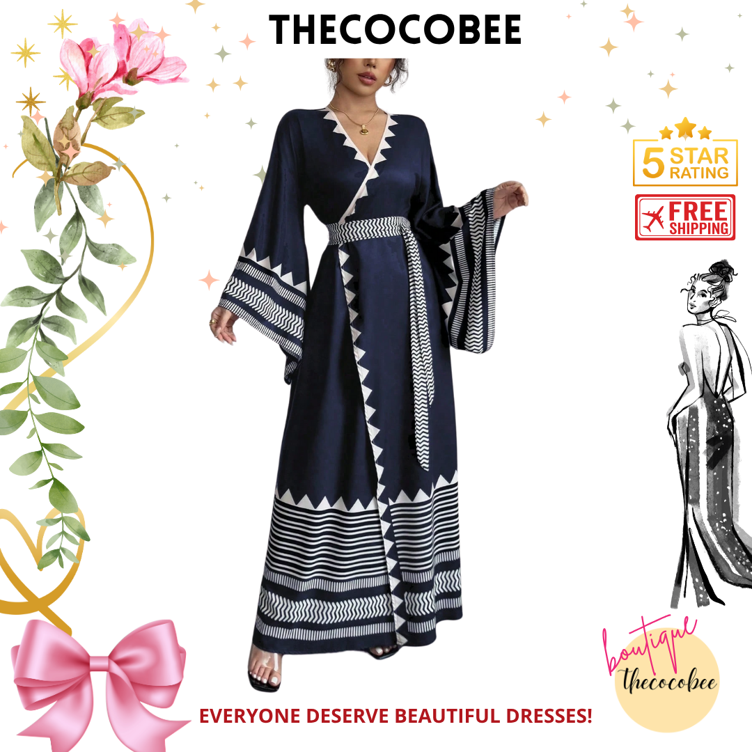 #150 Navy Blue Elegant Jacquard Floral Pattern Cross-Tied Cuff Extra Long Bell Sleeve Dress