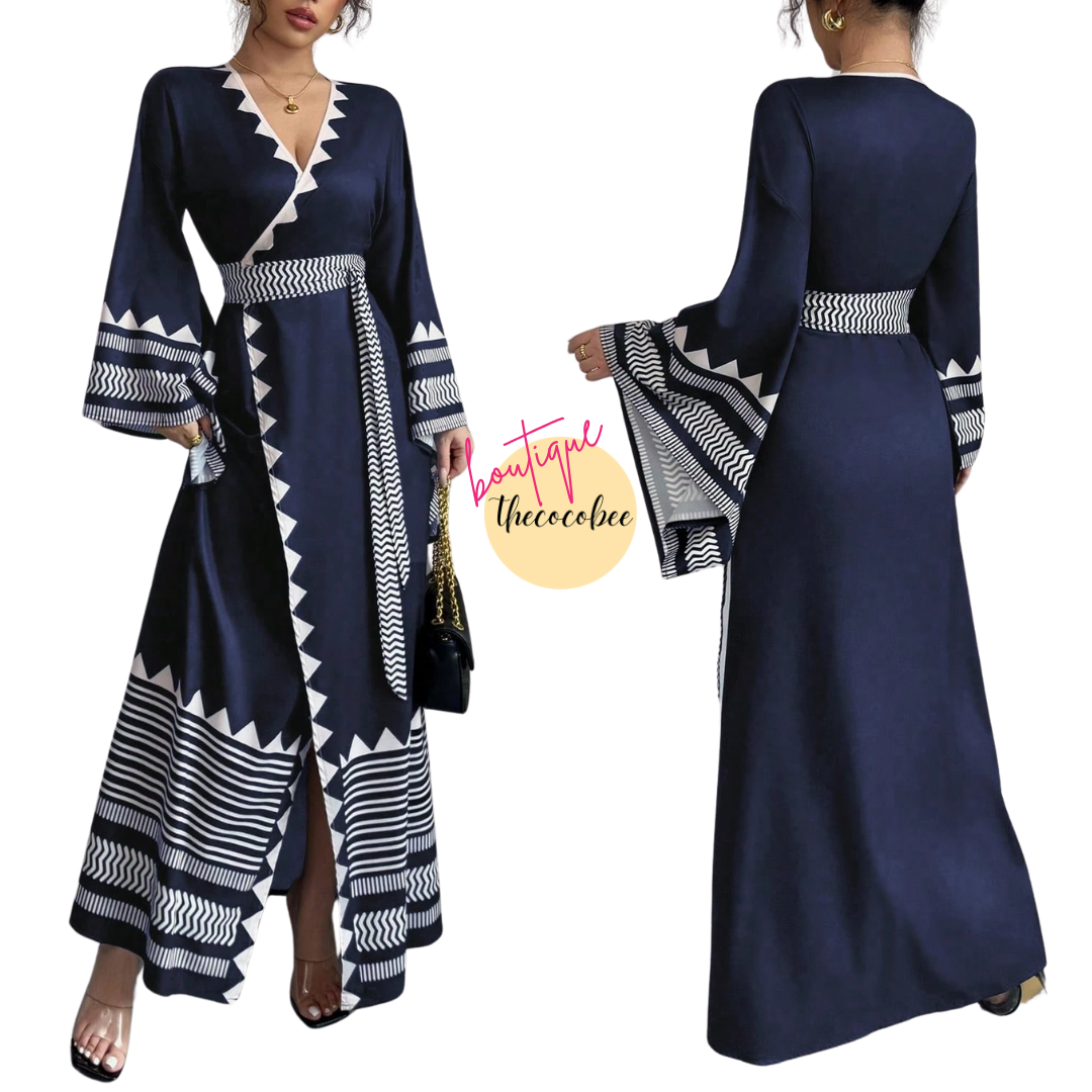 #150 Navy Blue Elegant Jacquard Floral Pattern Cross-Tied Cuff Extra Long Bell Sleeve Dress