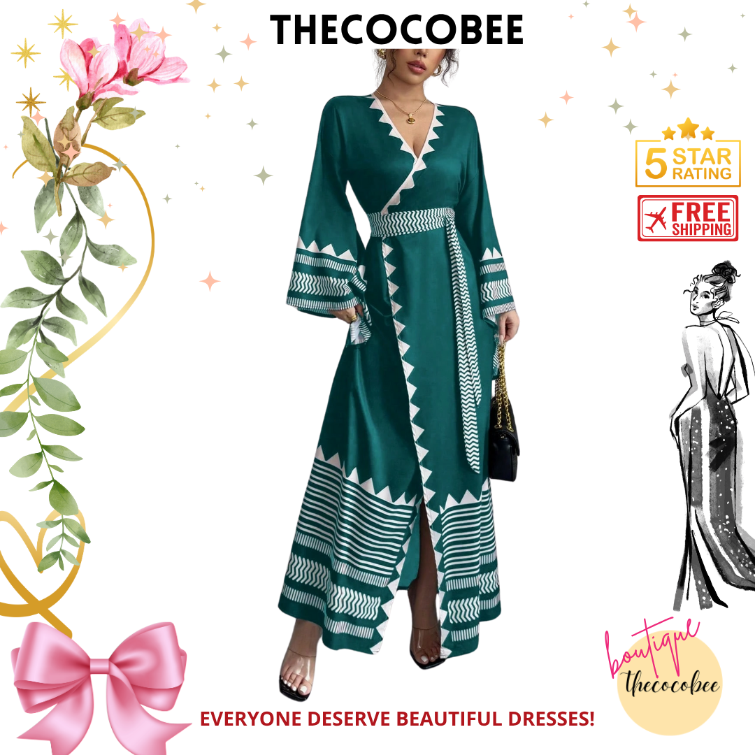 #150 Teal Blue Elegant Floral Print Criss-Cross Tie Cuff Flared Sleeve Dress