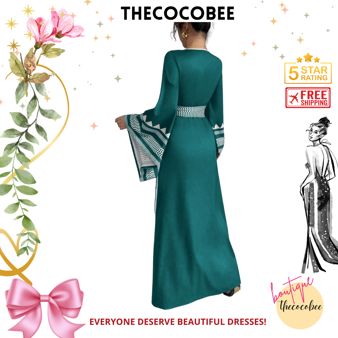 #150 Teal Blue Elegant Floral Print Criss-Cross Tie Cuff Flared Sleeve Dress