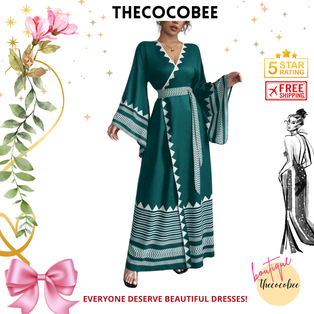 #150 Teal Blue Elegant Floral Print Criss-Cross Tie Cuff Flared Sleeve Dress