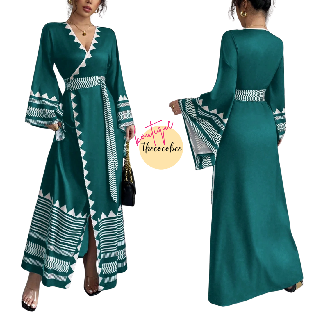 #150 Teal Blue Elegant Floral Print Criss-Cross Tie Cuff Flared Sleeve Dress