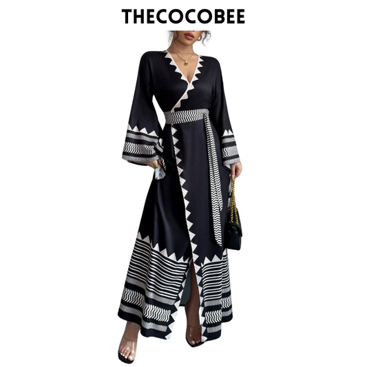 #150 Black Elegant Placement Floral Criss-Cross Tie Exaggerated Flare Sleeve Dress