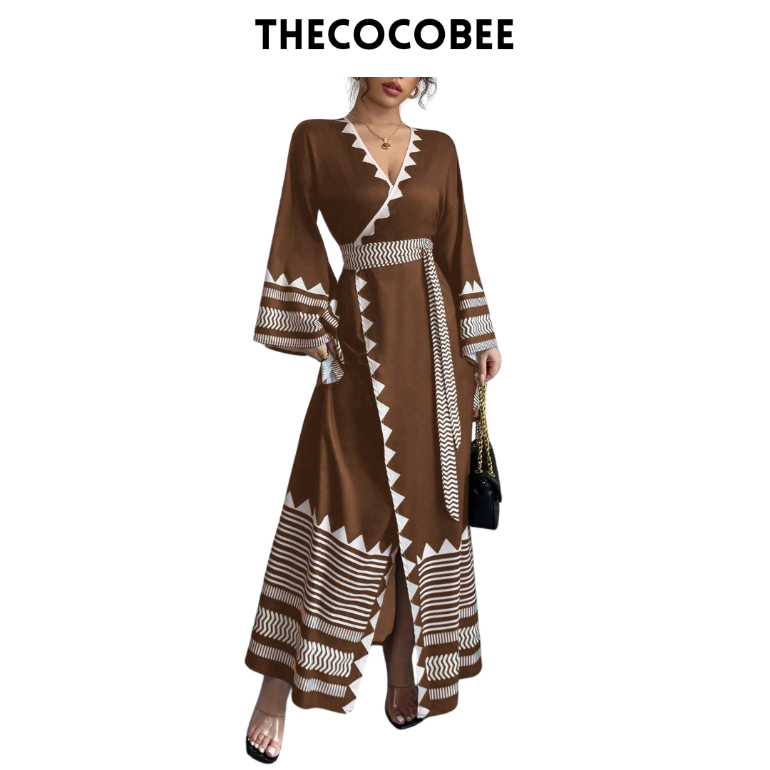 #150 Coffee Brown Elegant Floral Print Crossed Strap Flared Extra Long Sleeve Dress