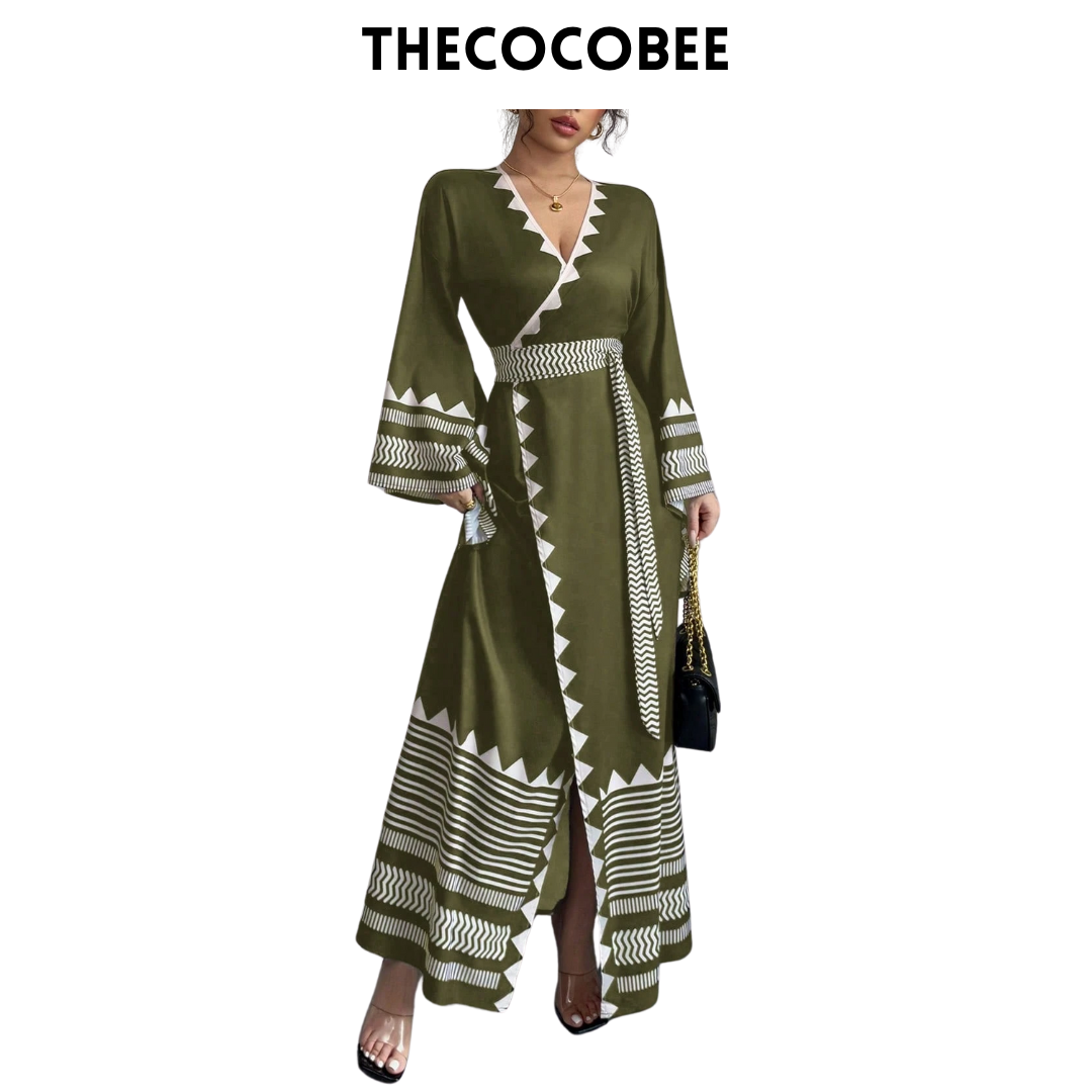 #150 Green Women Elegant Floral Criss-Cross Flared Long Sleeve Dress