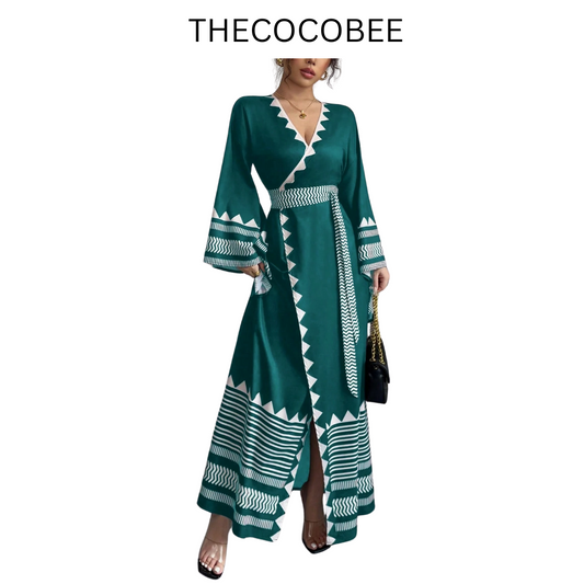 #150 Teal Blue Elegant Floral Print Criss-Cross Tie Cuff Flared Sleeve Dress