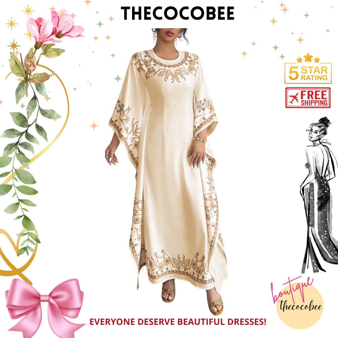 #151 Apricot Elegant Waist-Cinched Round Neck Long Floral Print Dress For Women, Suitable For Formal Occasion