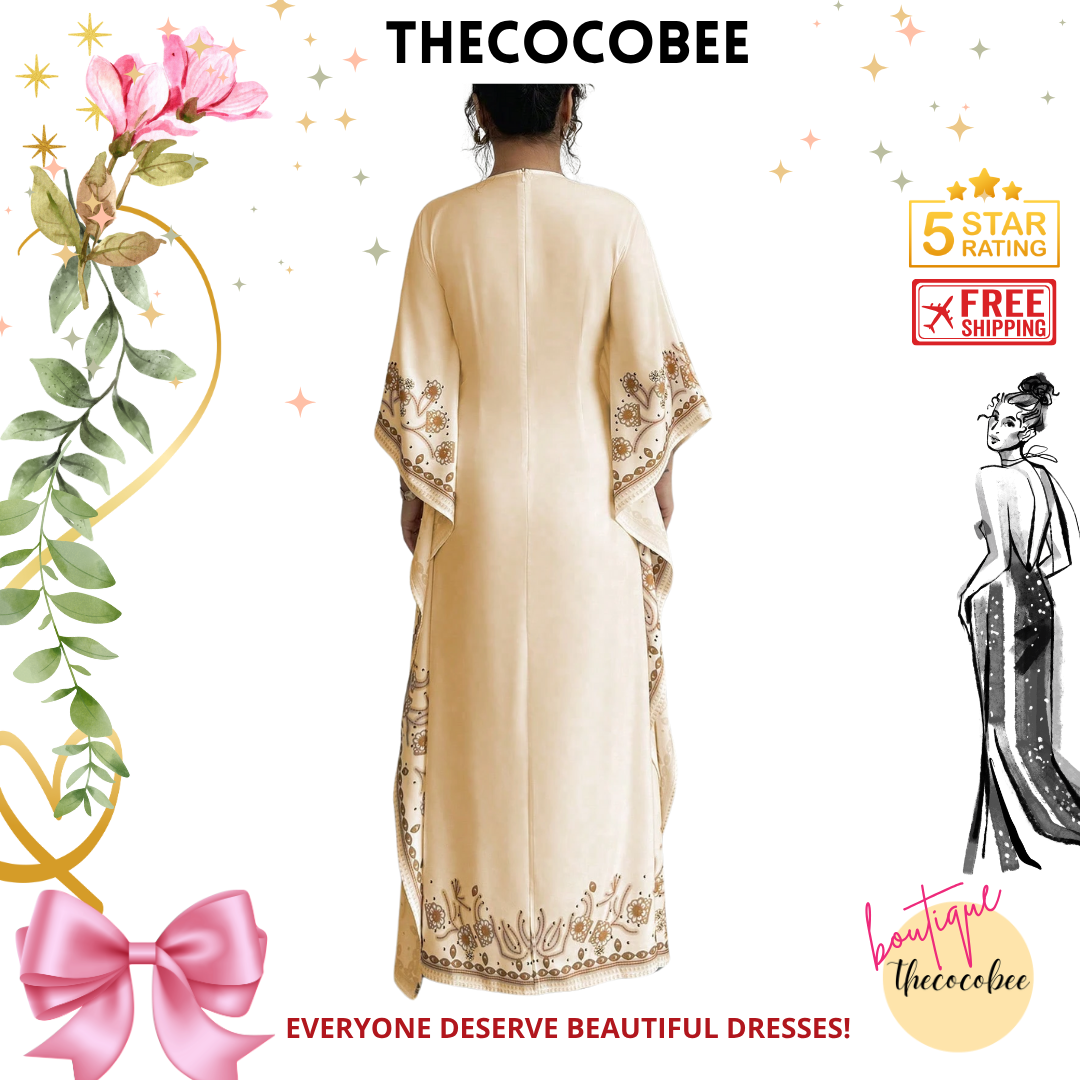 #151 Apricot Elegant Waist-Cinched Round Neck Long Floral Print Dress For Women, Suitable For Formal Occasion