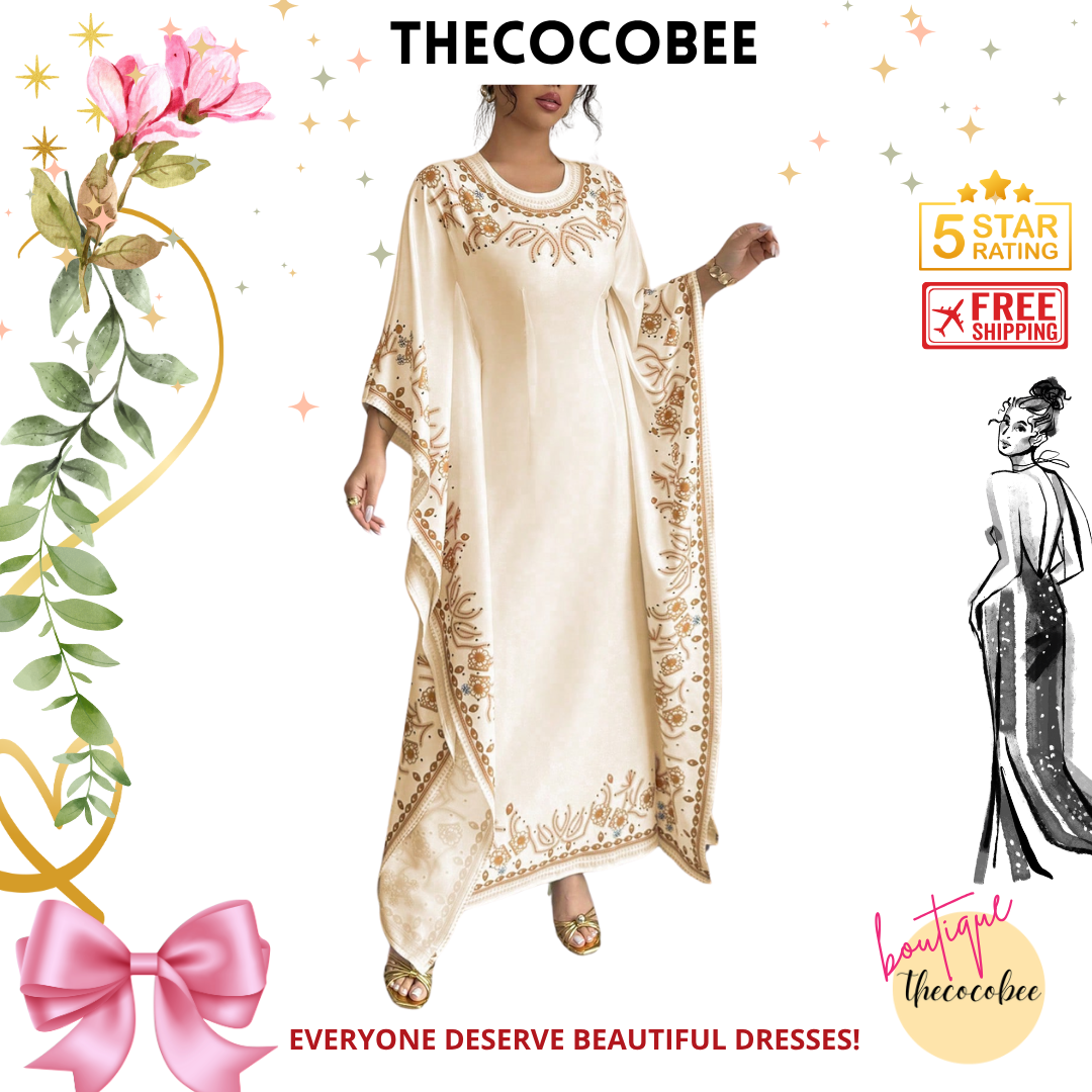 #151 Apricot Elegant Waist-Cinched Round Neck Long Floral Print Dress For Women, Suitable For Formal Occasion