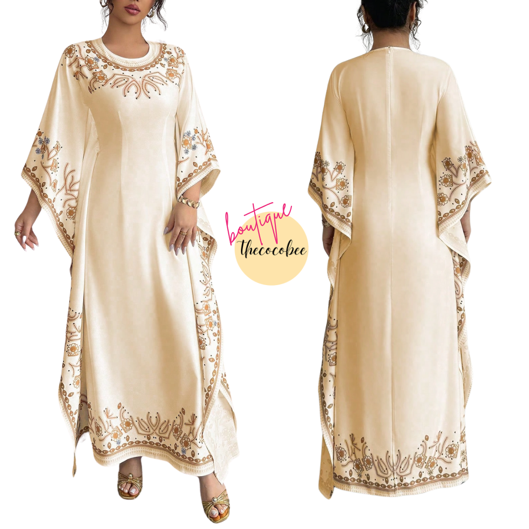 #151 Apricot Elegant Waist-Cinched Round Neck Long Floral Print Dress For Women, Suitable For Formal Occasion