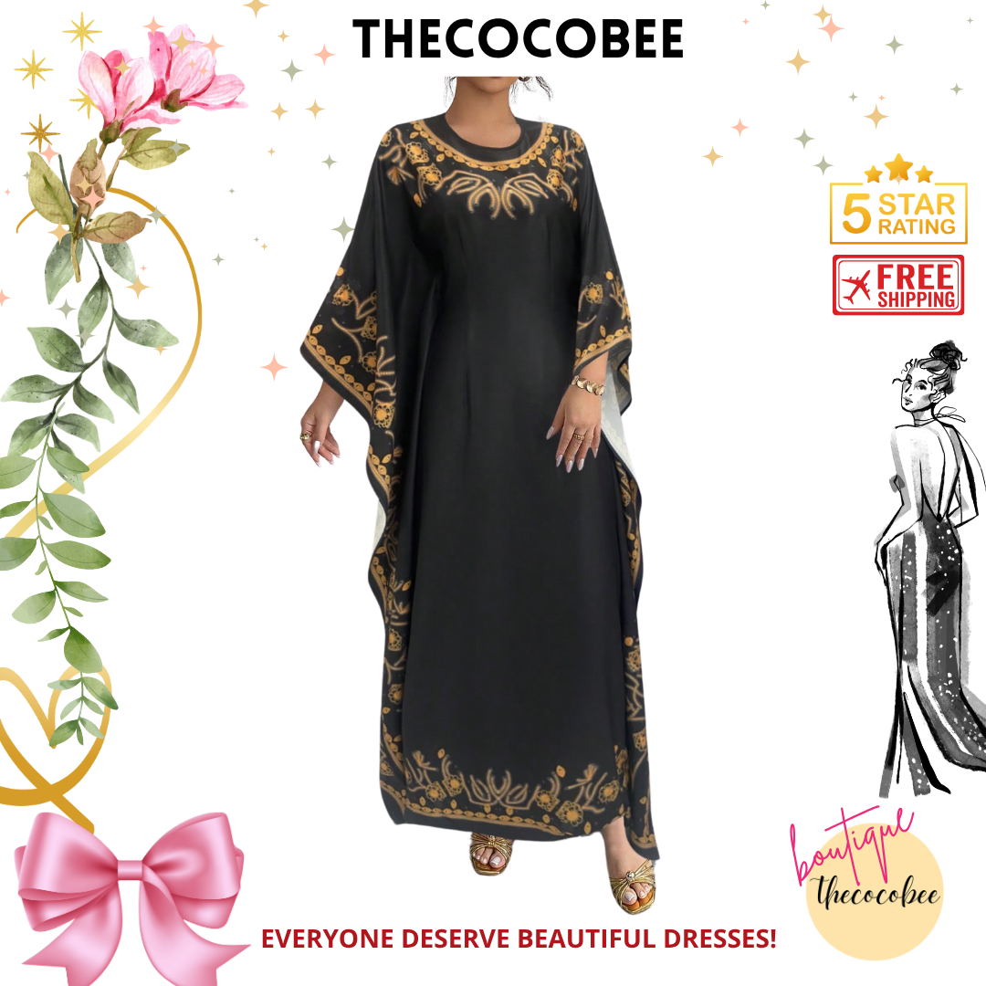 #151 Black Round Neck Waisted Elegant Print Long Dress For Women