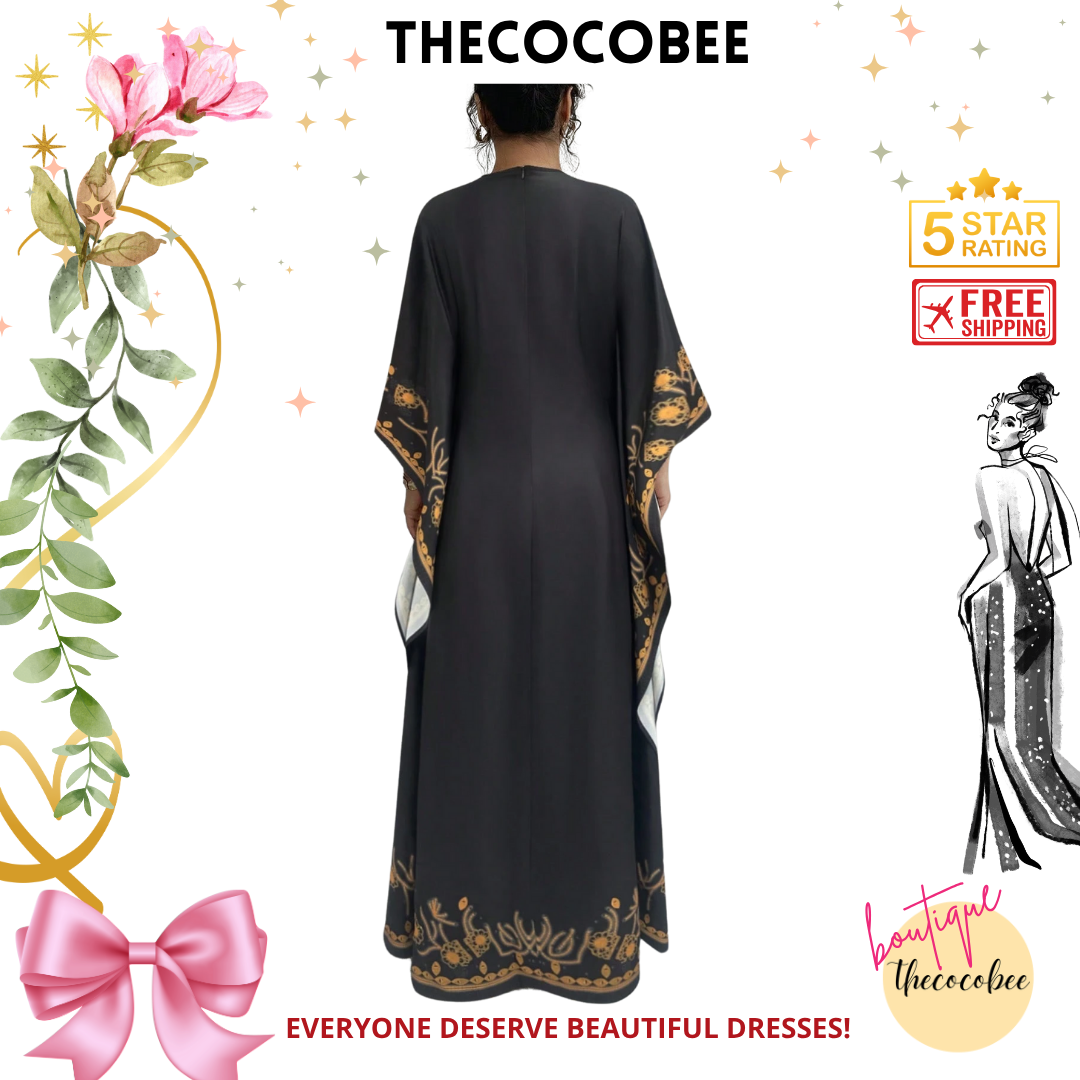 #151 Black Round Neck Waisted Elegant Print Long Dress For Women