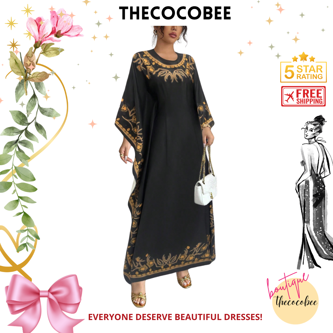 #151 Black Round Neck Waisted Elegant Print Long Dress For Women