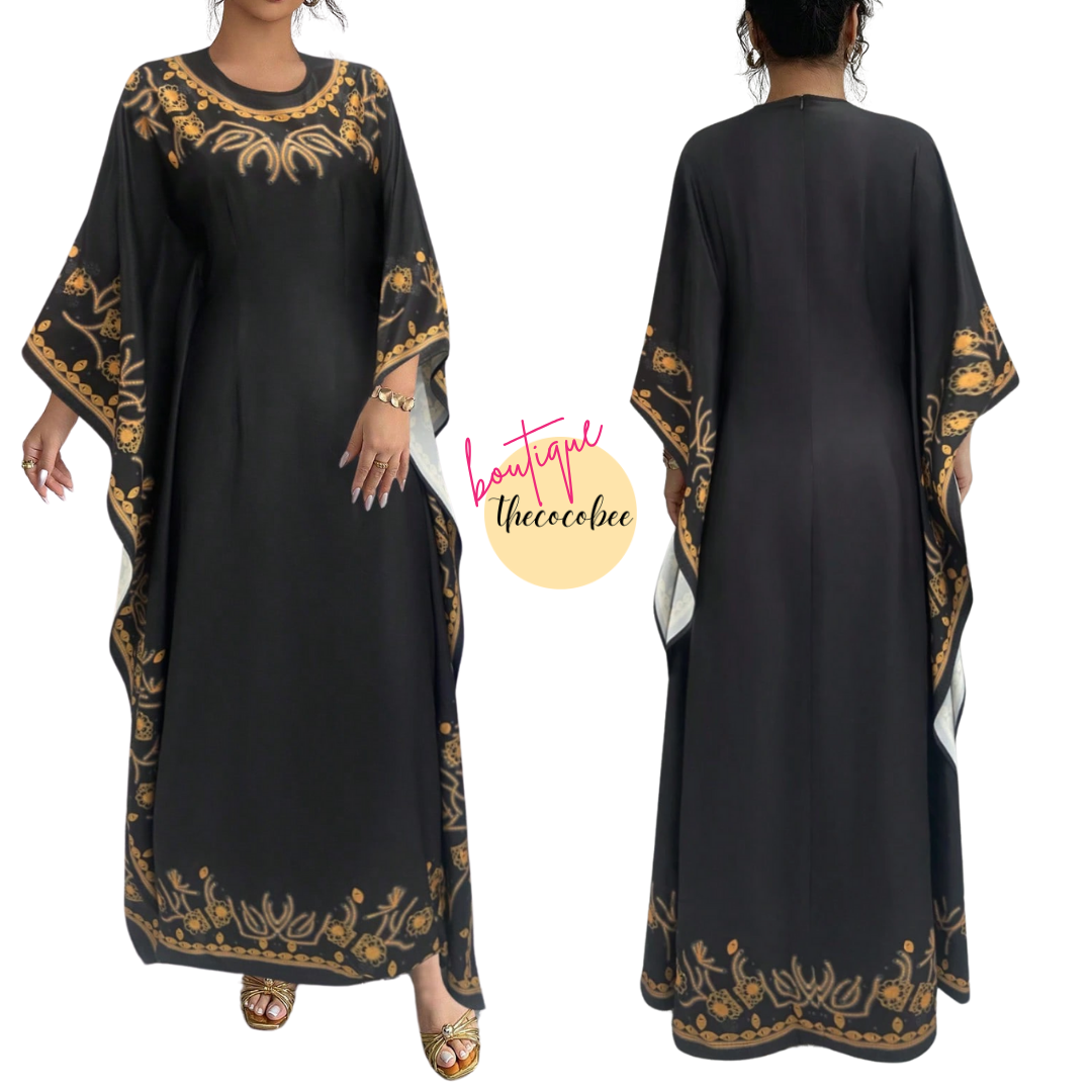 #151 Black Round Neck Waisted Elegant Print Long Dress For Women