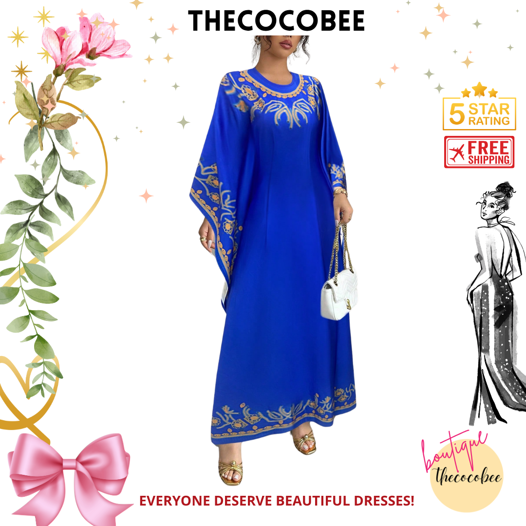 #151 Blue Round Neck Ruched Waist Elegant Floral Print Long Dress For Women