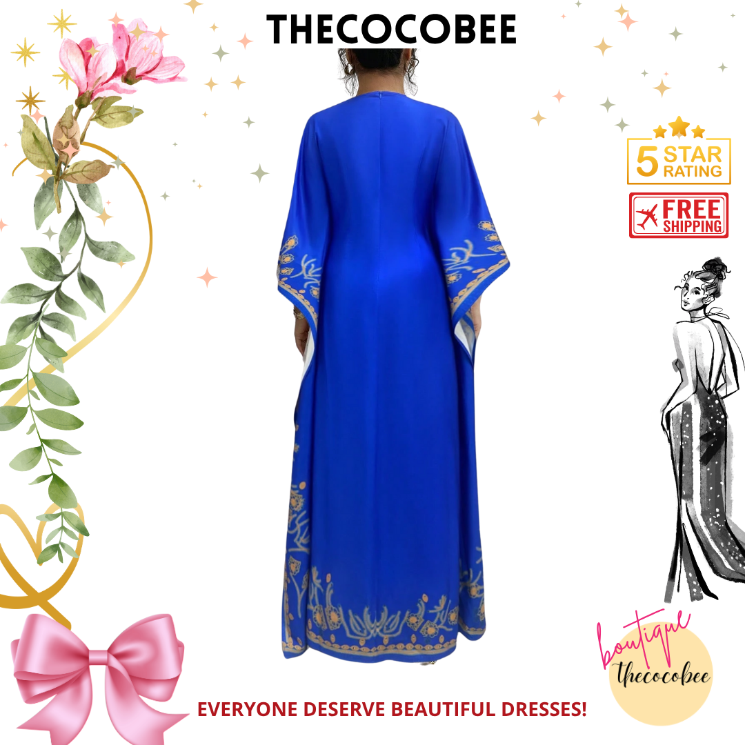 #151 Blue Round Neck Ruched Waist Elegant Floral Print Long Dress For Women