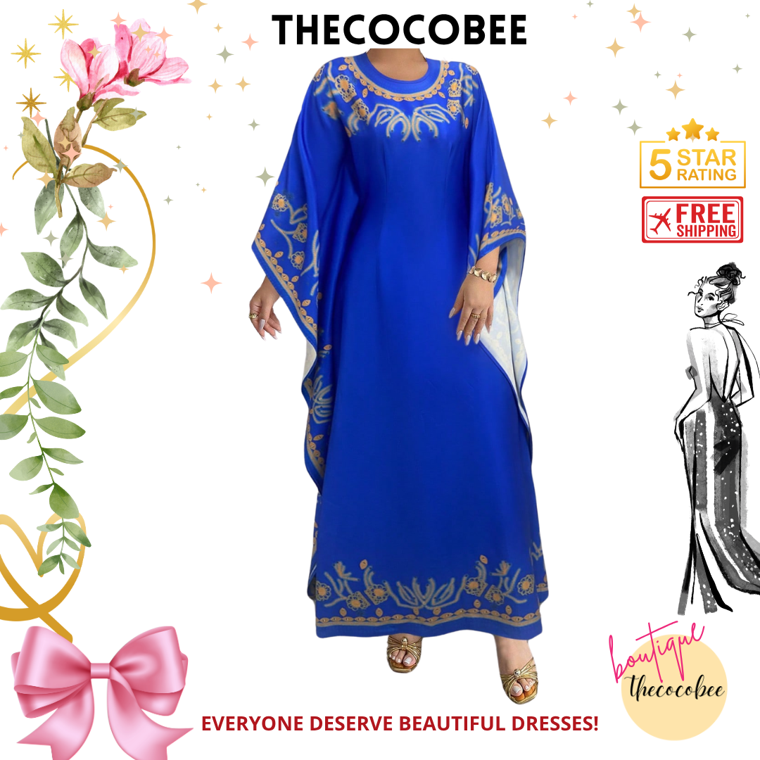 #151 Blue Round Neck Ruched Waist Elegant Floral Print Long Dress For Women