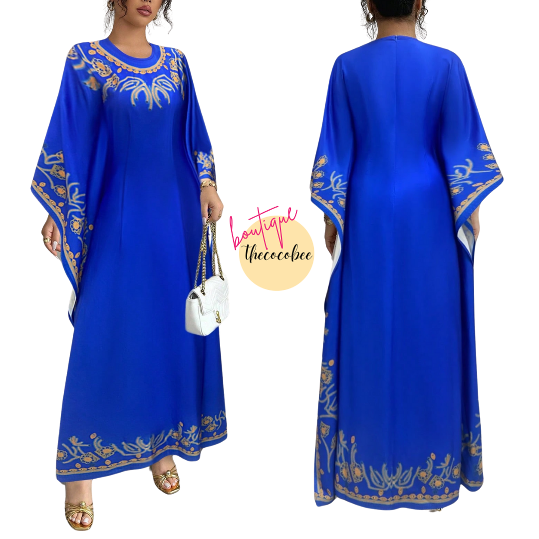 #151 Blue Round Neck Ruched Waist Elegant Floral Print Long Dress For Women