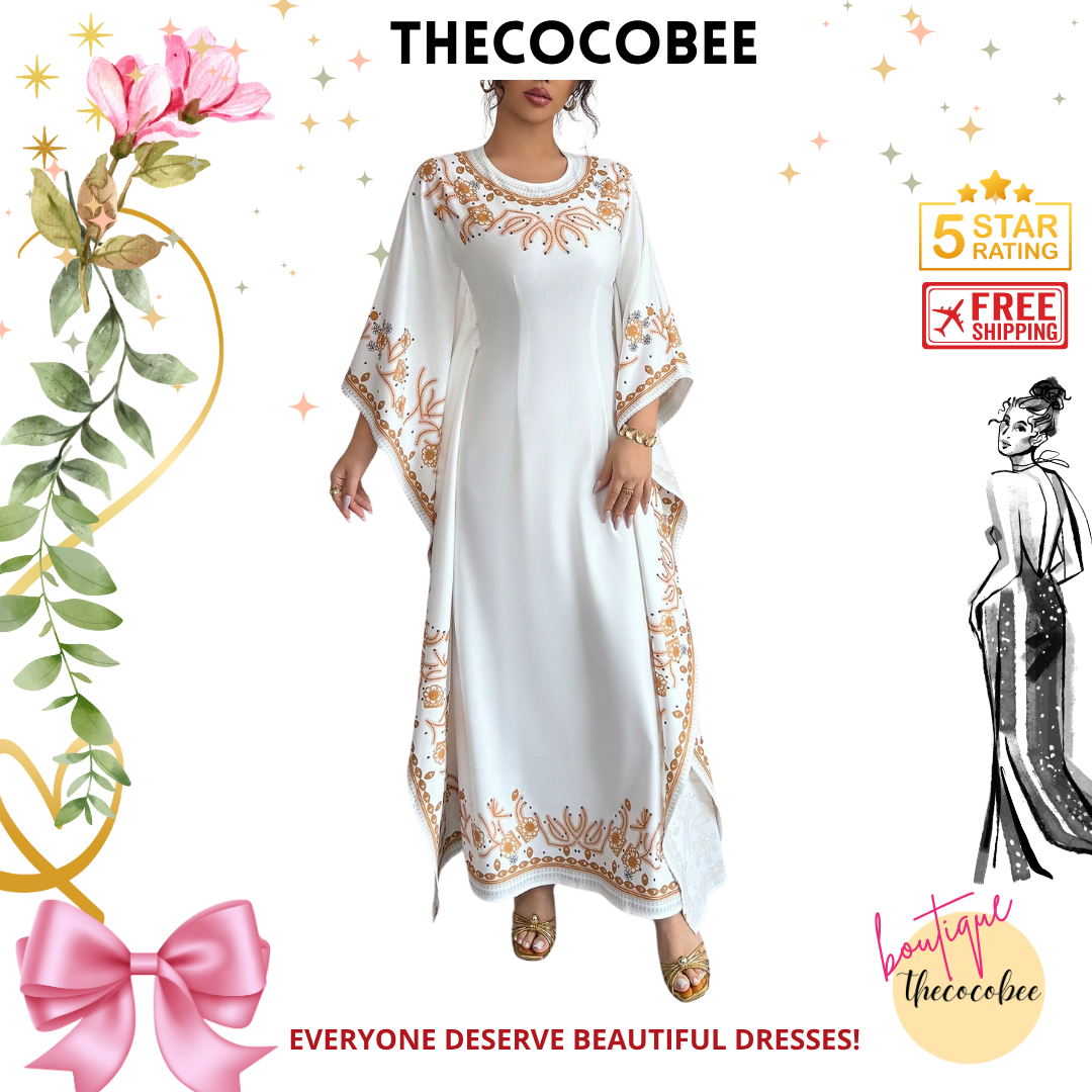 #151 White Elegant Round Neck Cinched Waist Floral Print Long Dress For Women