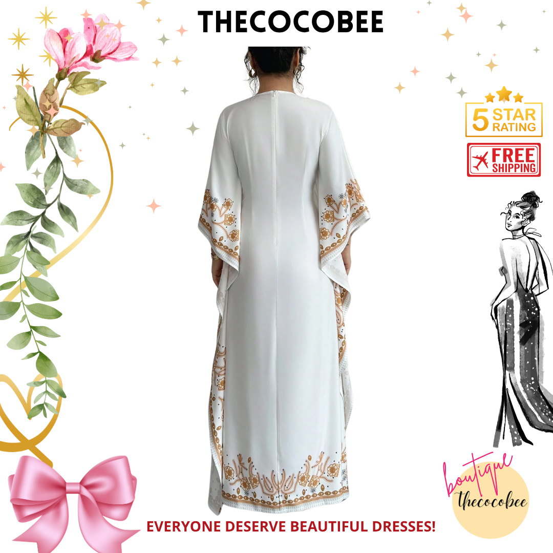 #151 White Elegant Round Neck Cinched Waist Floral Print Long Dress For Women