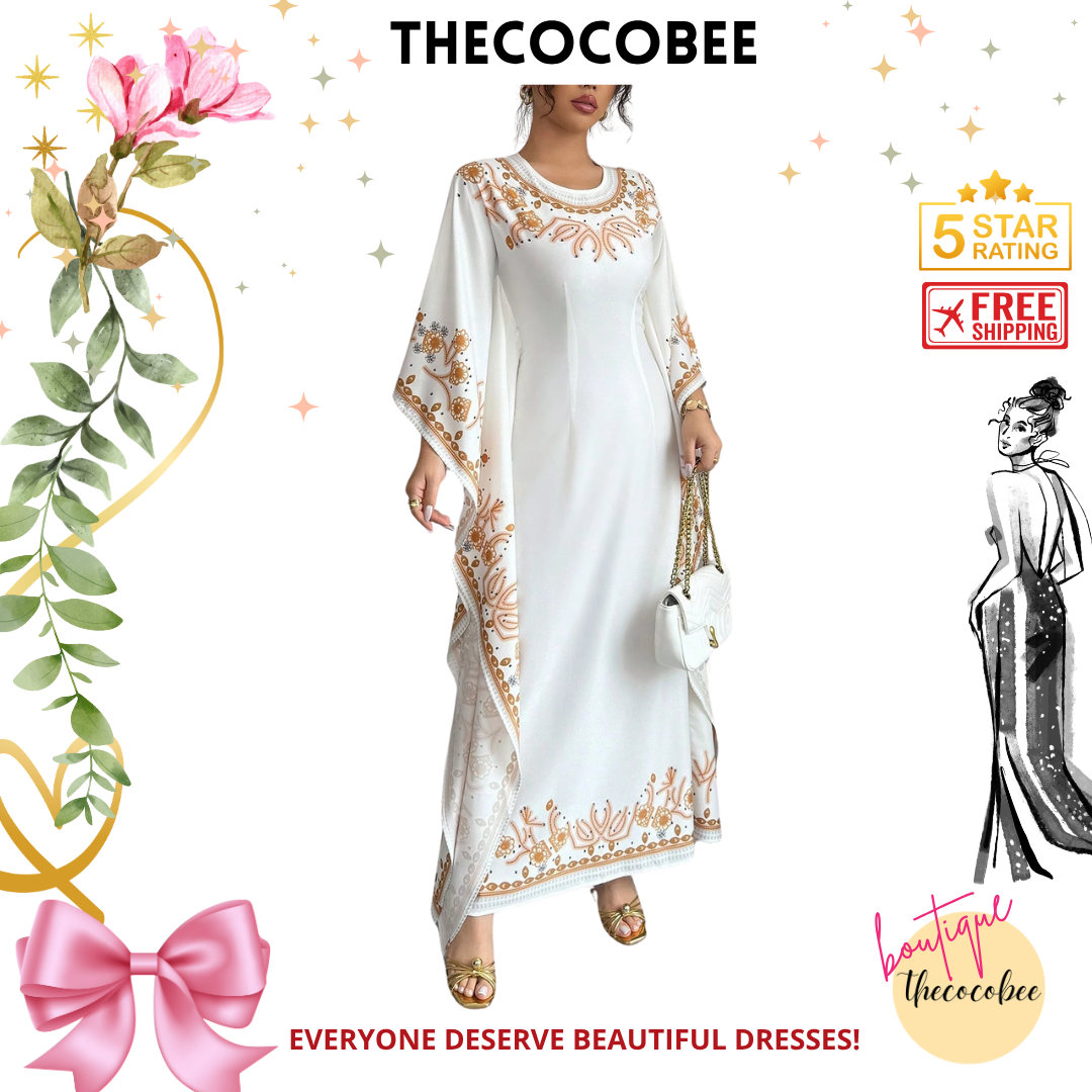 #151 White Elegant Round Neck Cinched Waist Floral Print Long Dress For Women