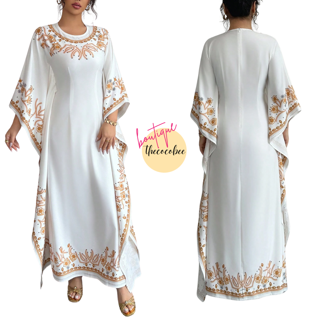 #151 White Elegant Round Neck Cinched Waist Floral Print Long Dress For Women