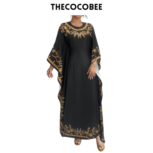 #151 Black Round Neck Waisted Elegant Print Long Dress For Women