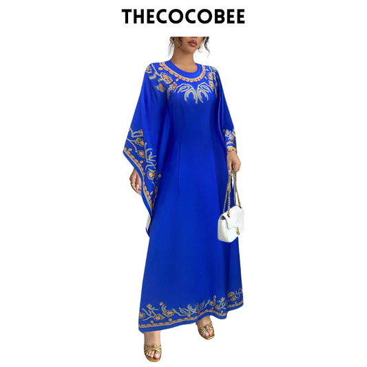 #151 Blue Round Neck Ruched Waist Elegant Floral Print Long Dress For Women