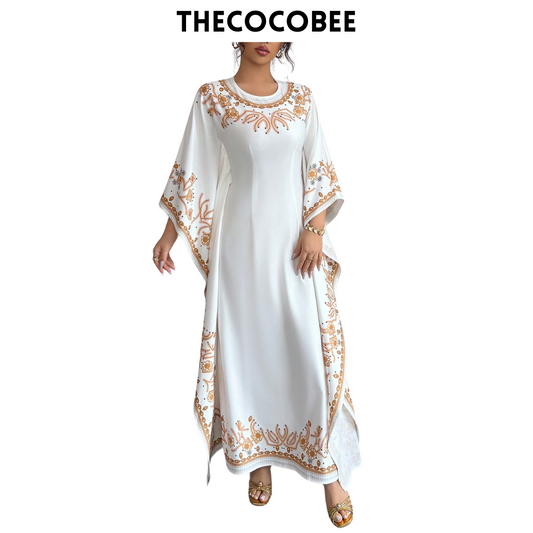 #151 White Elegant Round Neck Cinched Waist Floral Print Long Dress For Women