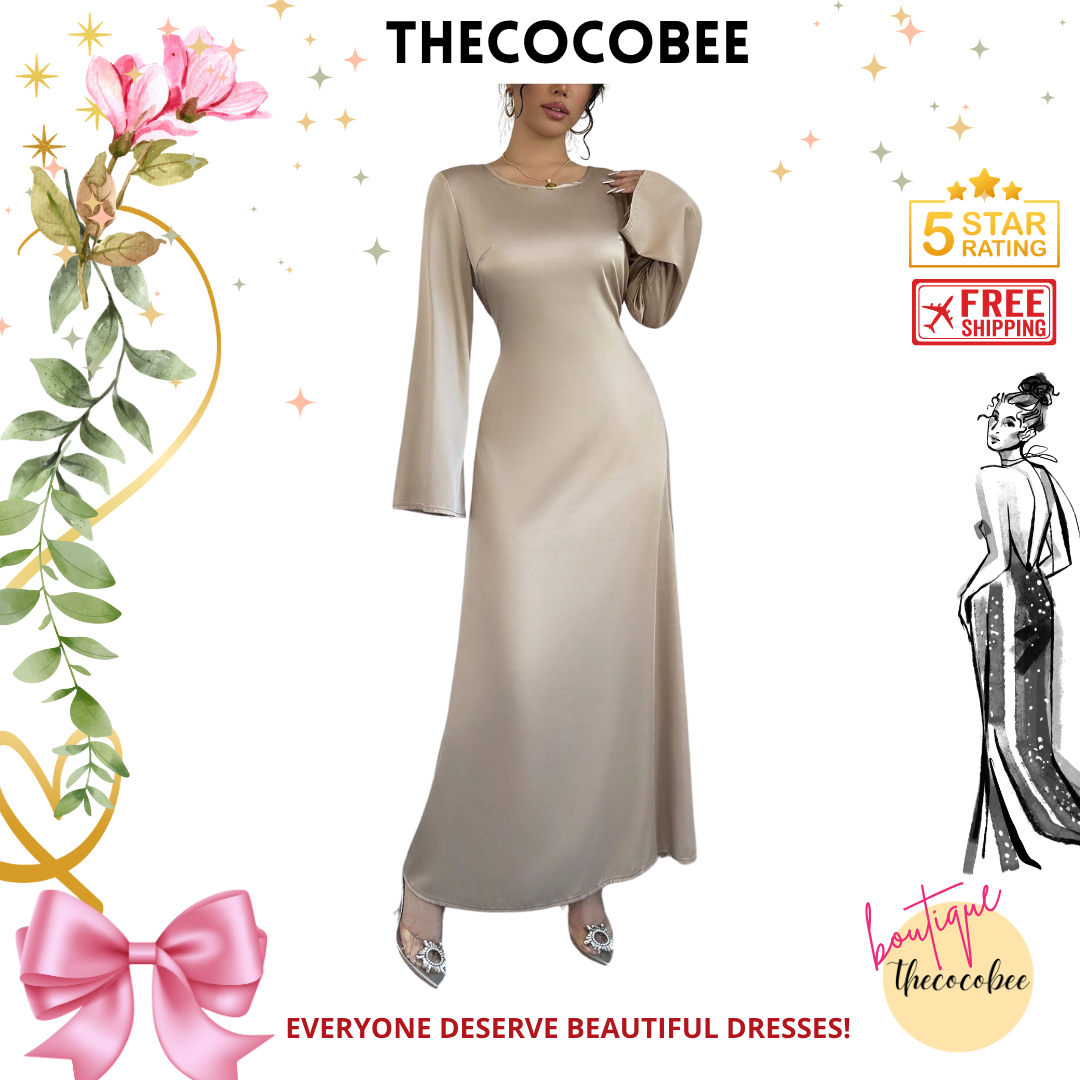 #152 Apricot Sexy Waist Cinched Round Neck Long Sleeve Fitted Dress Maxi Satin Women Outfit