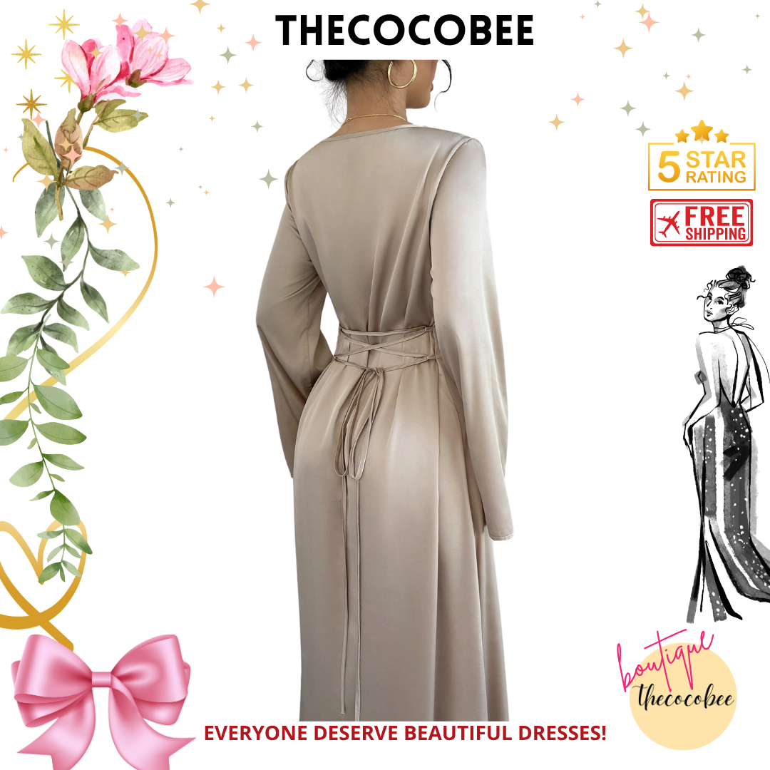 #152 Apricot Sexy Waist Cinched Round Neck Long Sleeve Fitted Dress Maxi Satin Women Outfit