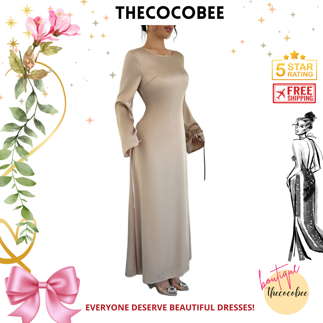 #152 Apricot Sexy Waist Cinched Round Neck Long Sleeve Fitted Dress Maxi Satin Women Outfit