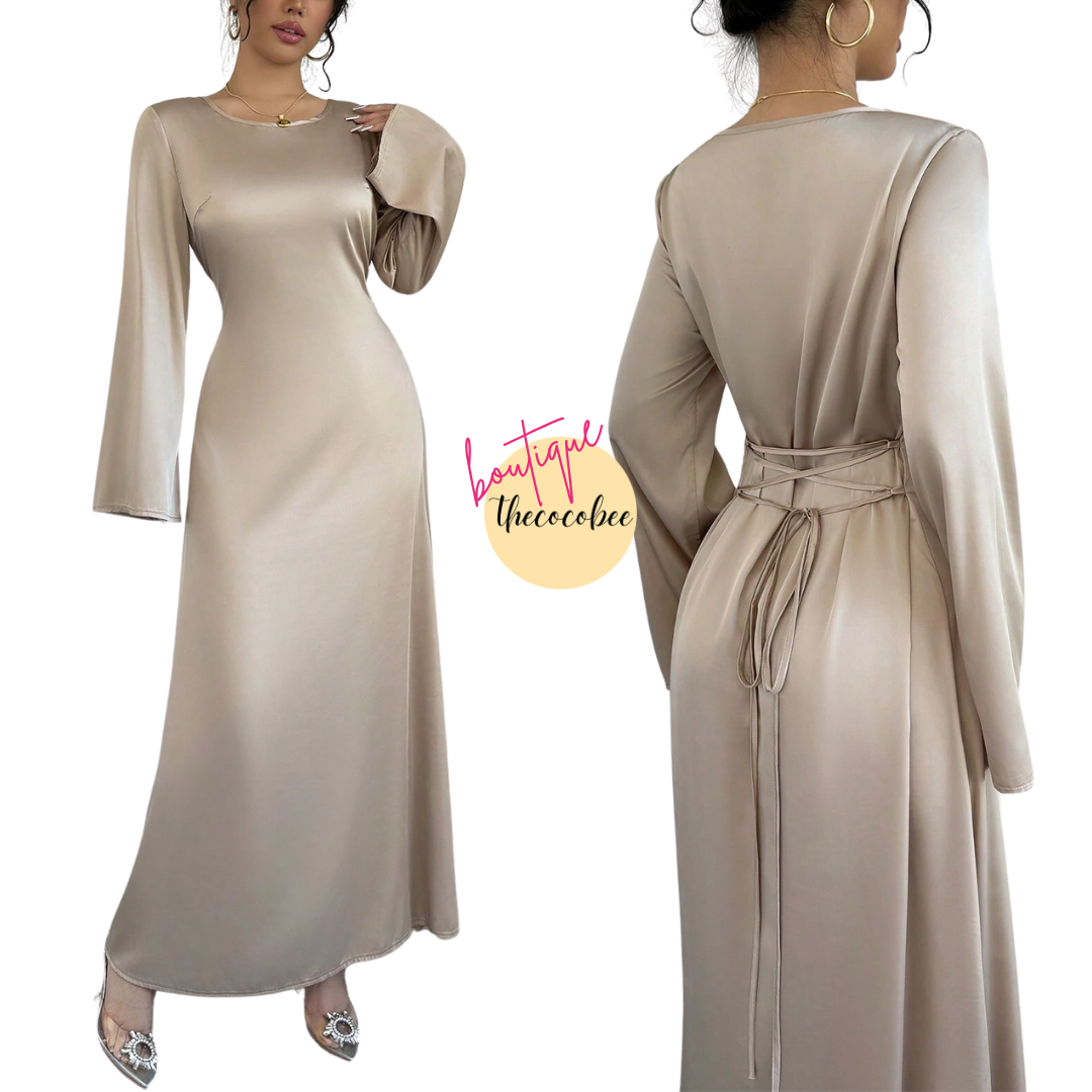 #152 Apricot Sexy Waist Cinched Round Neck Long Sleeve Fitted Dress Maxi Satin Women Outfit