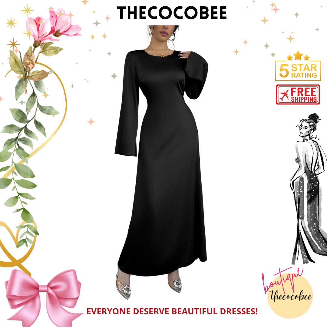 #152 Black Figure-Flattering Round Neck Long Sleeve Bodycon Dress Maxi Women Outfit