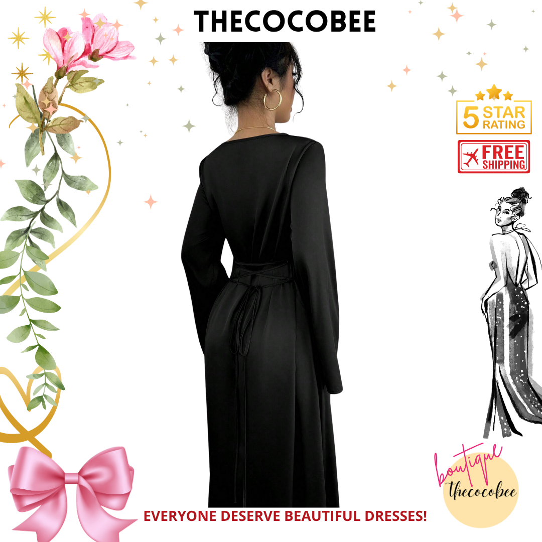 #152 Black Figure-Flattering Round Neck Long Sleeve Bodycon Dress Maxi Women Outfit
