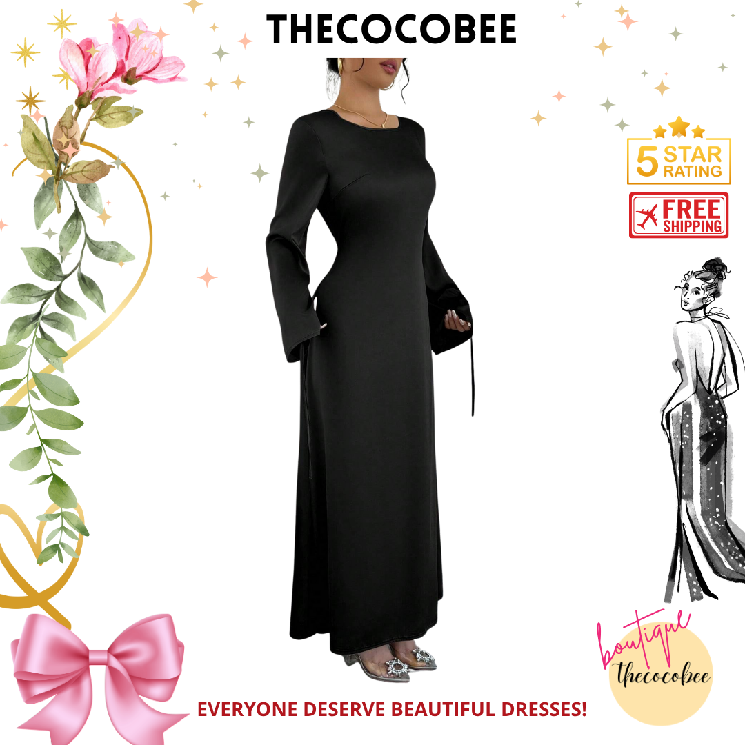 #152 Black Figure-Flattering Round Neck Long Sleeve Bodycon Dress Maxi Women Outfit