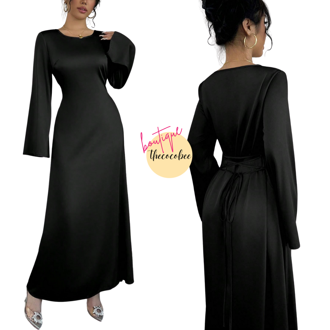 #152 Black Figure-Flattering Round Neck Long Sleeve Bodycon Dress Maxi Women Outfit