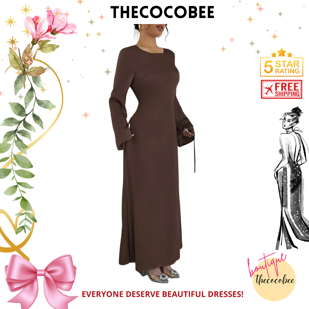 #152 Brown Sexy Figure-Hugging Round Neck Long Sleeve Bodycon Dress Maxi Women Outfit