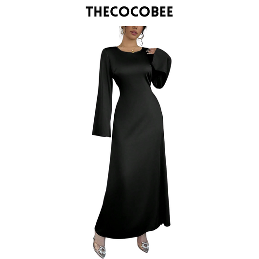 #152 Black Figure-Flattering Round Neck Long Sleeve Bodycon Dress Maxi Women Outfit